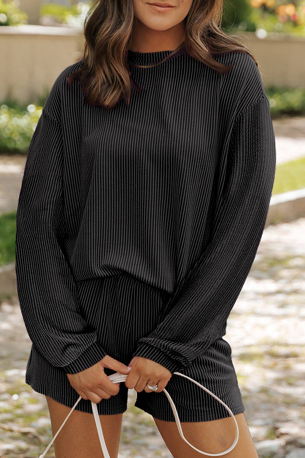 Corded Knit Long Sleeve Top and Shorts Set | S-2XL