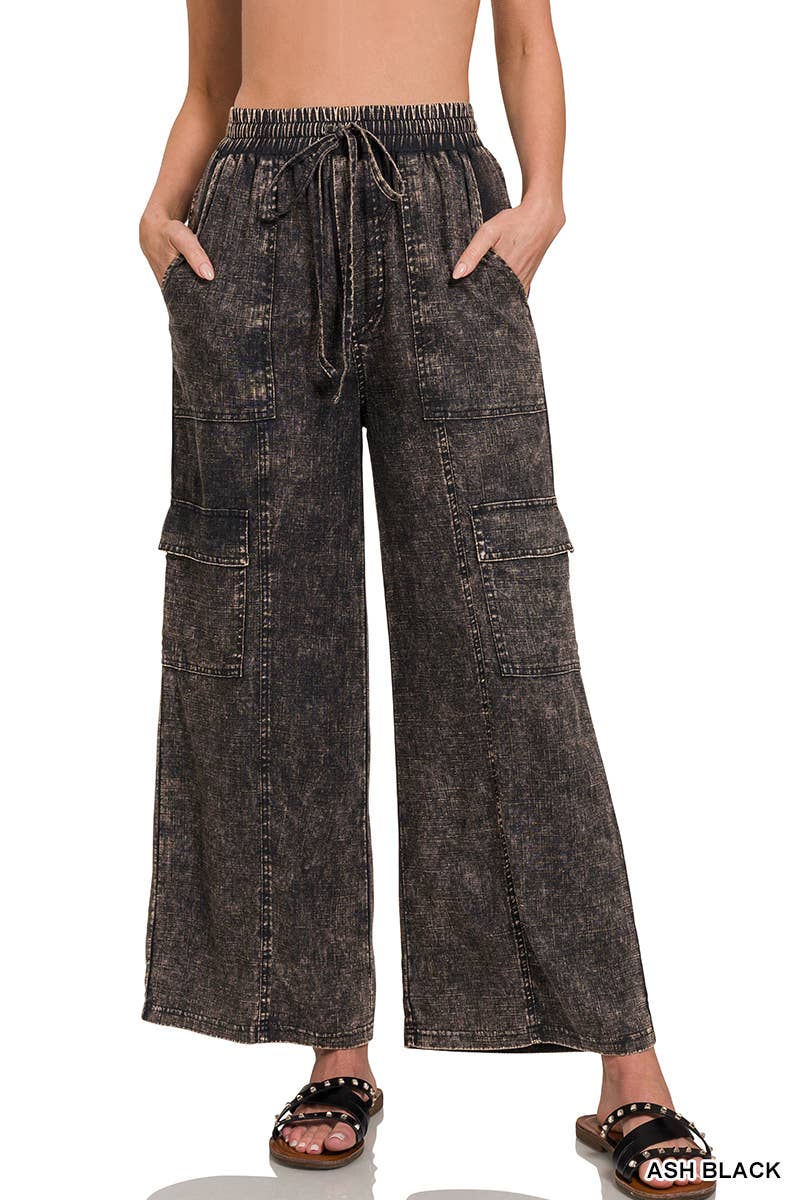 Acid Wash Drawstring Elastic Band Waist Pants