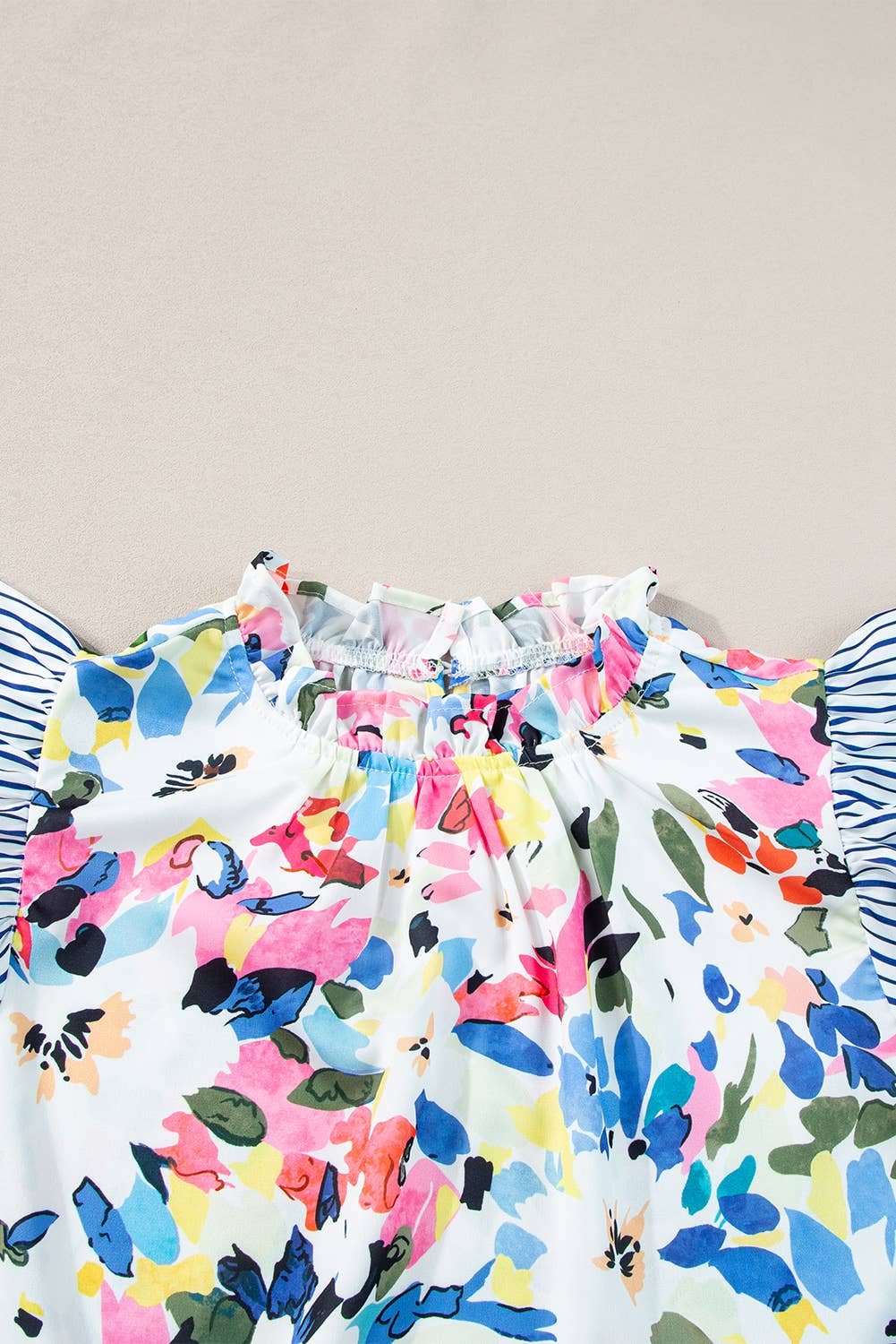 Women Floral Print Striped Ruffled Sleeve Blouse