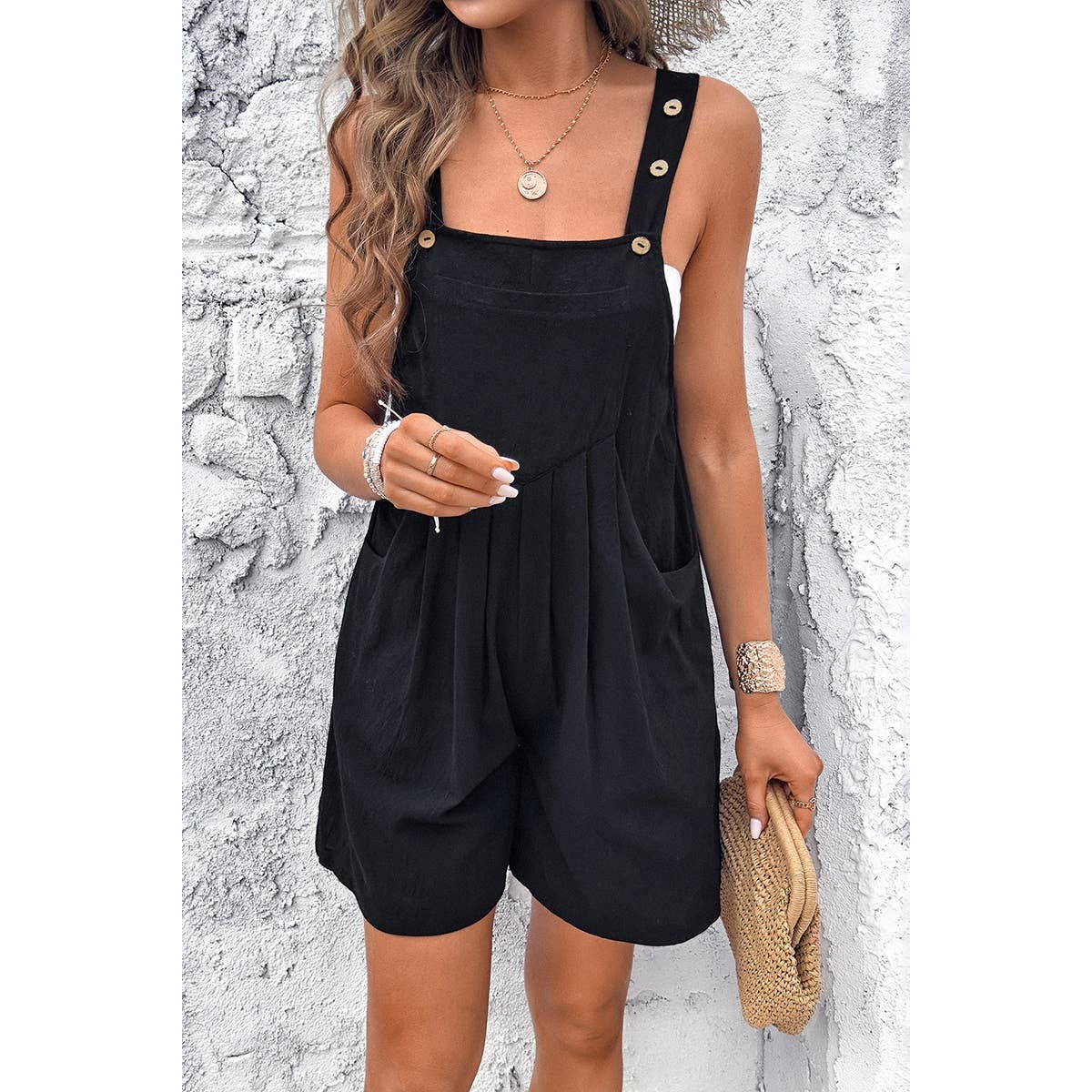 Square Neck Pockets Button Tirm Ruched Romper