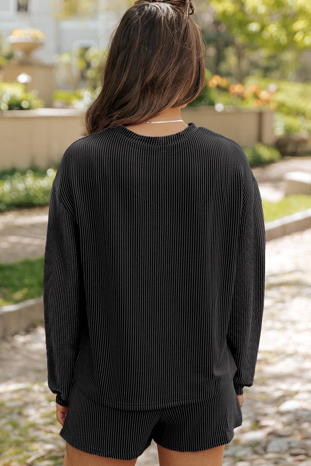 Corded Knit Long Sleeve Top and Shorts Set | S-2XL