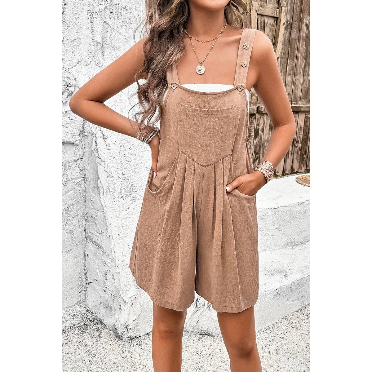 Square Neck Pockets Button Tirm Ruched Romper