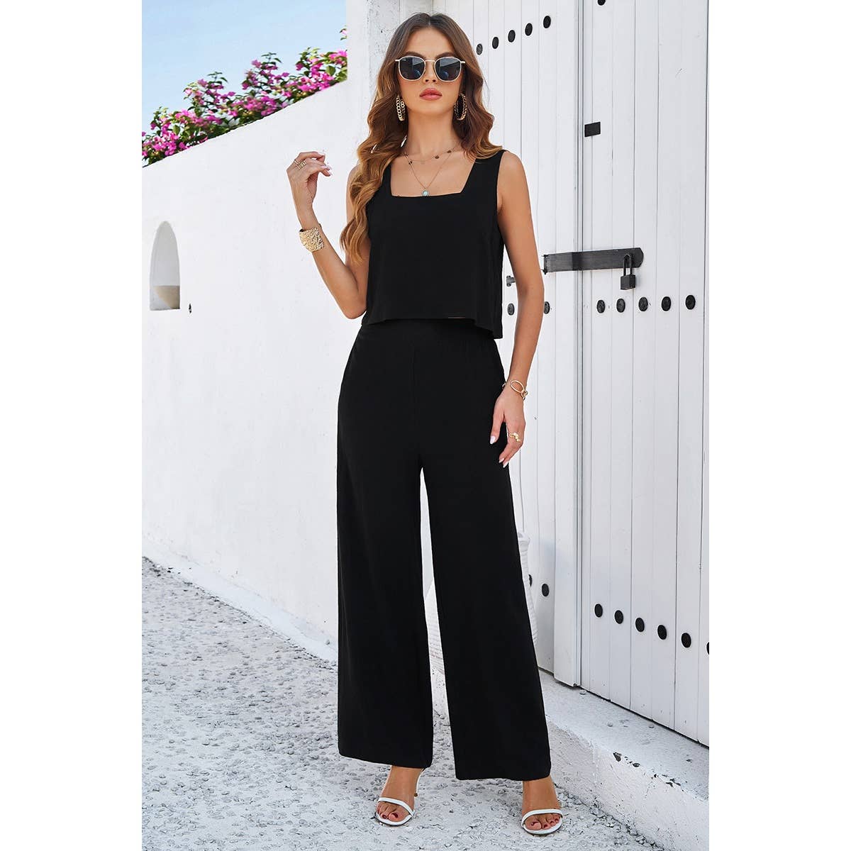 Two Pieces Square Neck Sleeveless Solid Sets