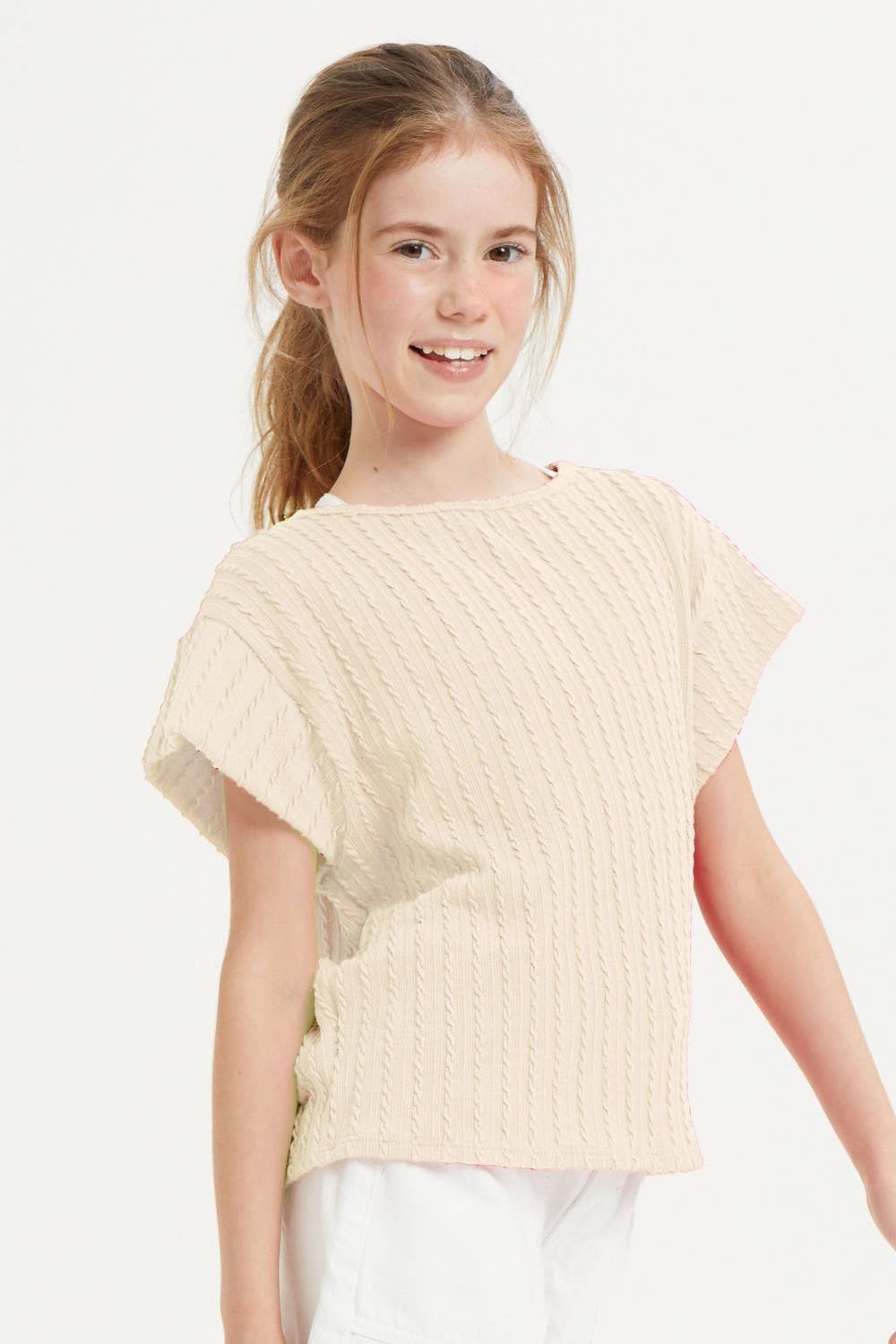 Embossed Ribbed Knit Cap Sleeve Top