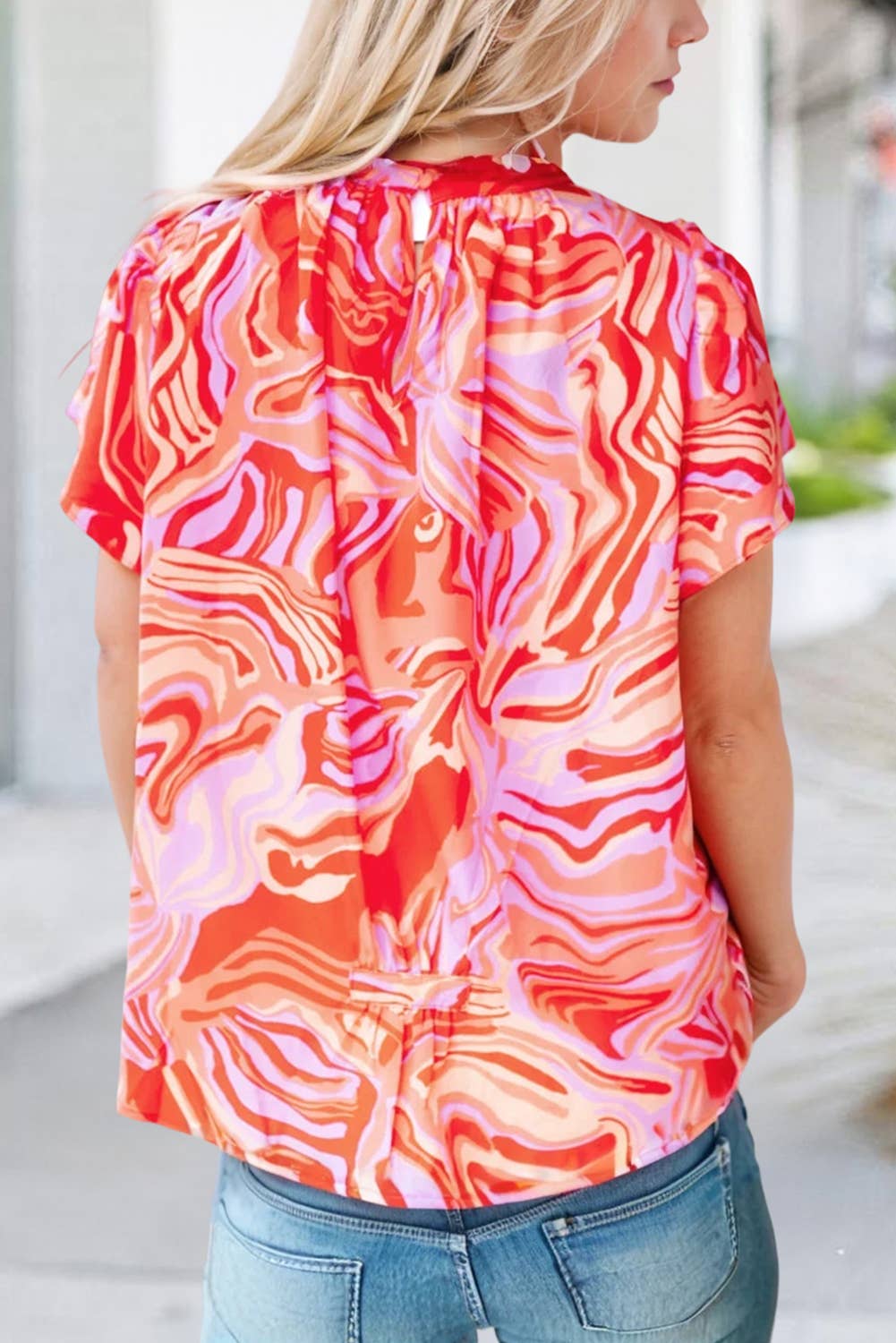 Abstract Print Ruffled Short Sleeve Mock Neck Blouse | S-XL