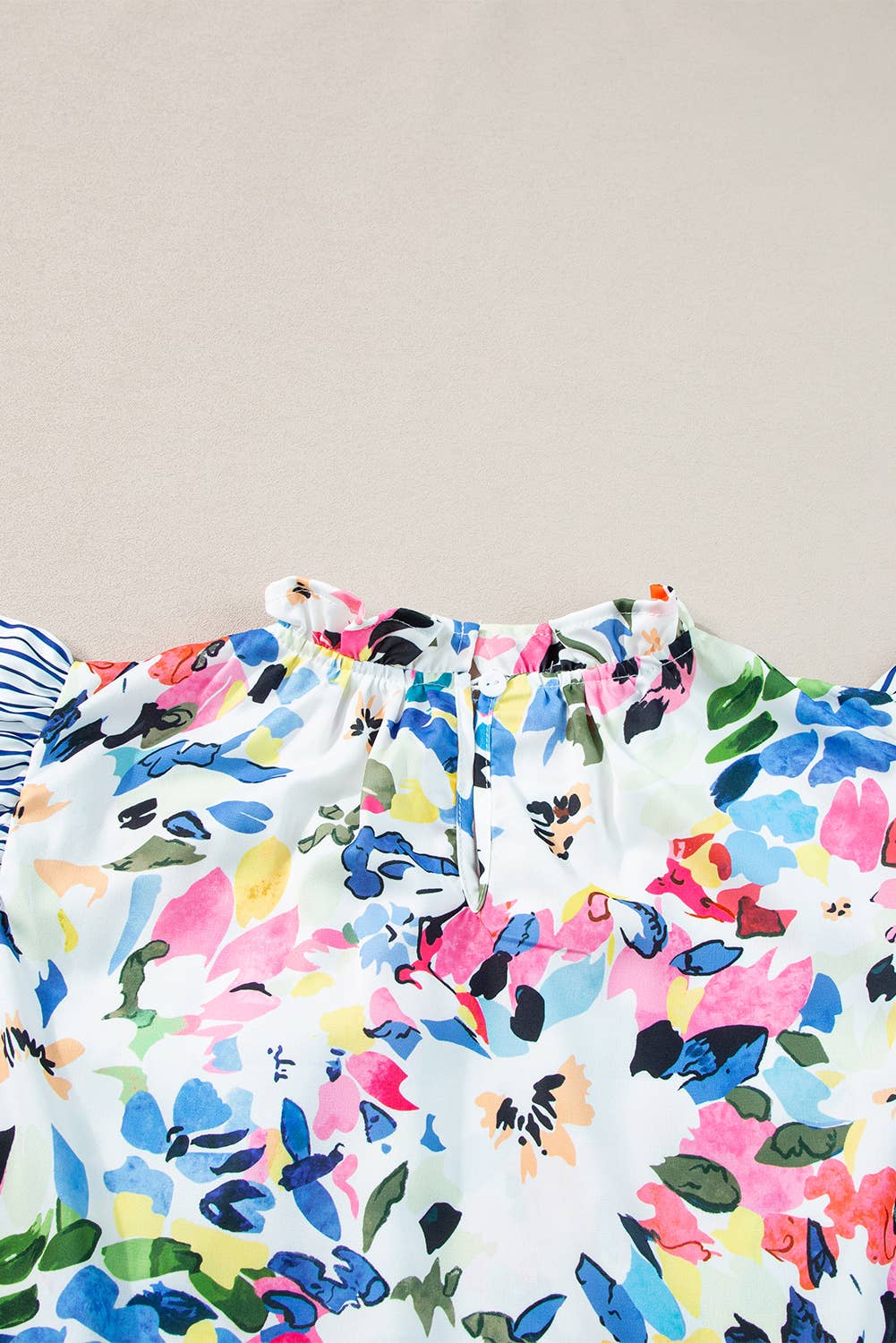 Women Floral Print Striped Ruffled Sleeve Blouse