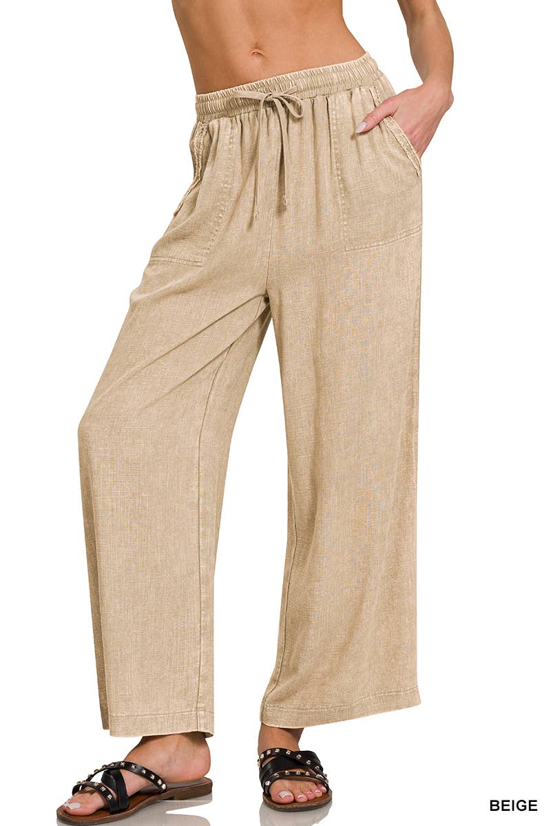 ".._ SI-26187 Acid Wash Drawstring Elastic Band Waist Pants