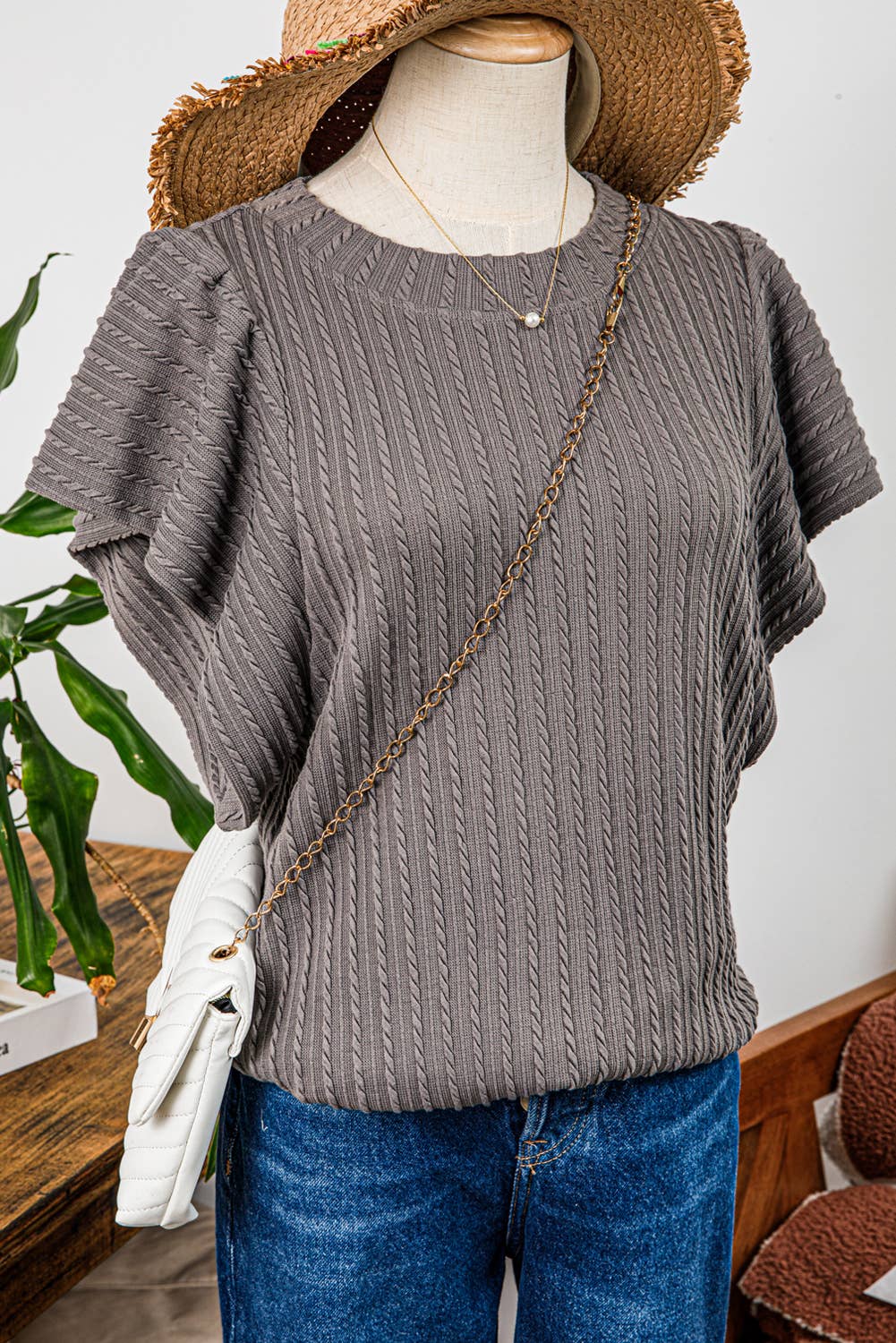 Solid Color Textured Flutter Sleeve Top