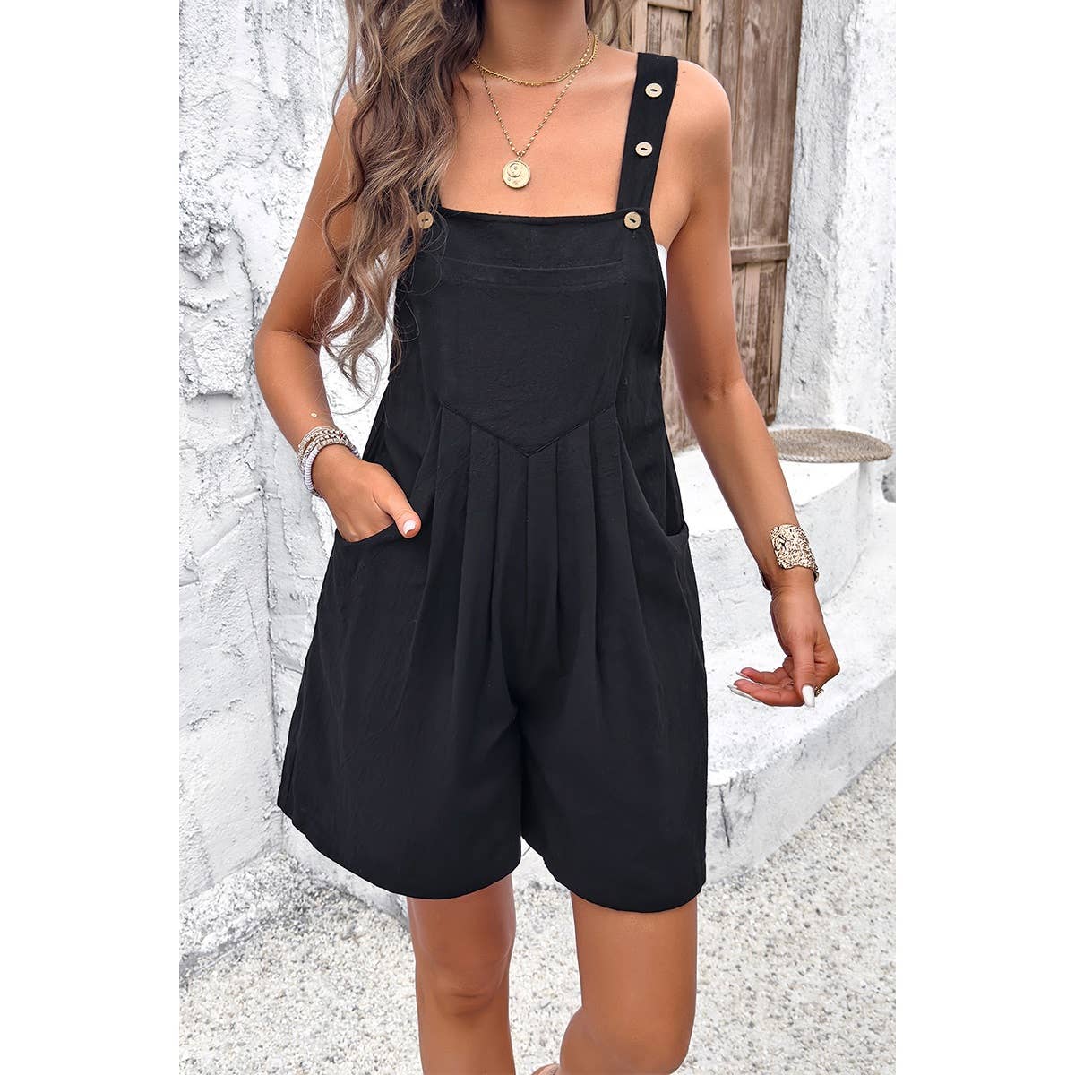 Square Neck Pockets Button Tirm Ruched Romper
