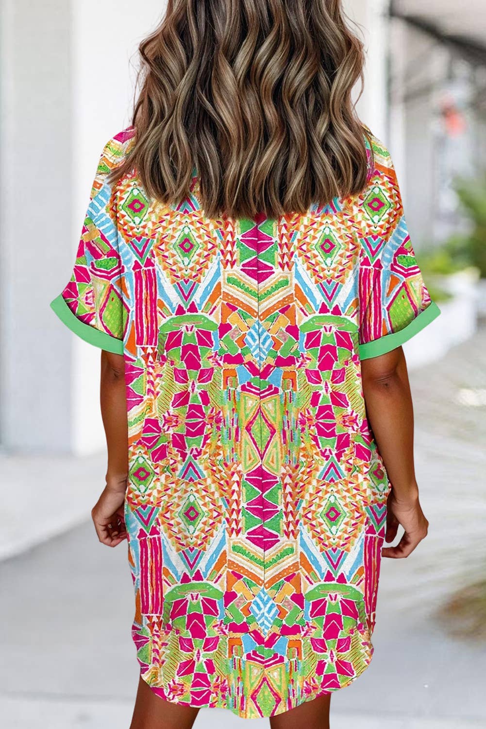 Geometric Print Contrast Short Sleeve Shirt Dress | S-XL