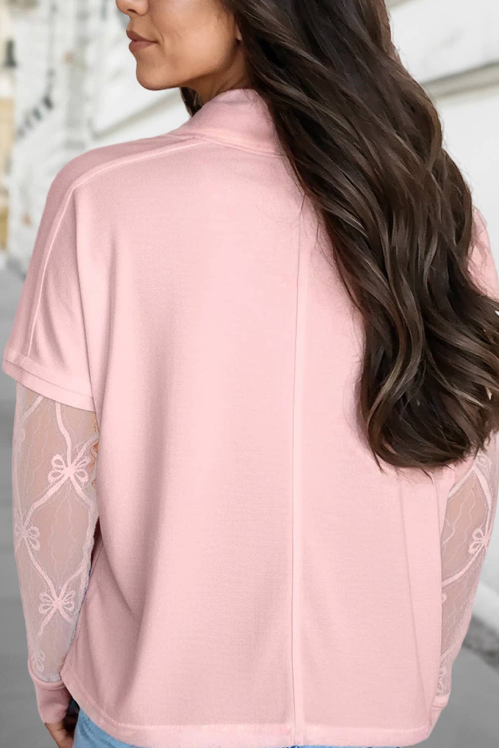 Solid Texture Patchwork Lace Long Sleeve Top