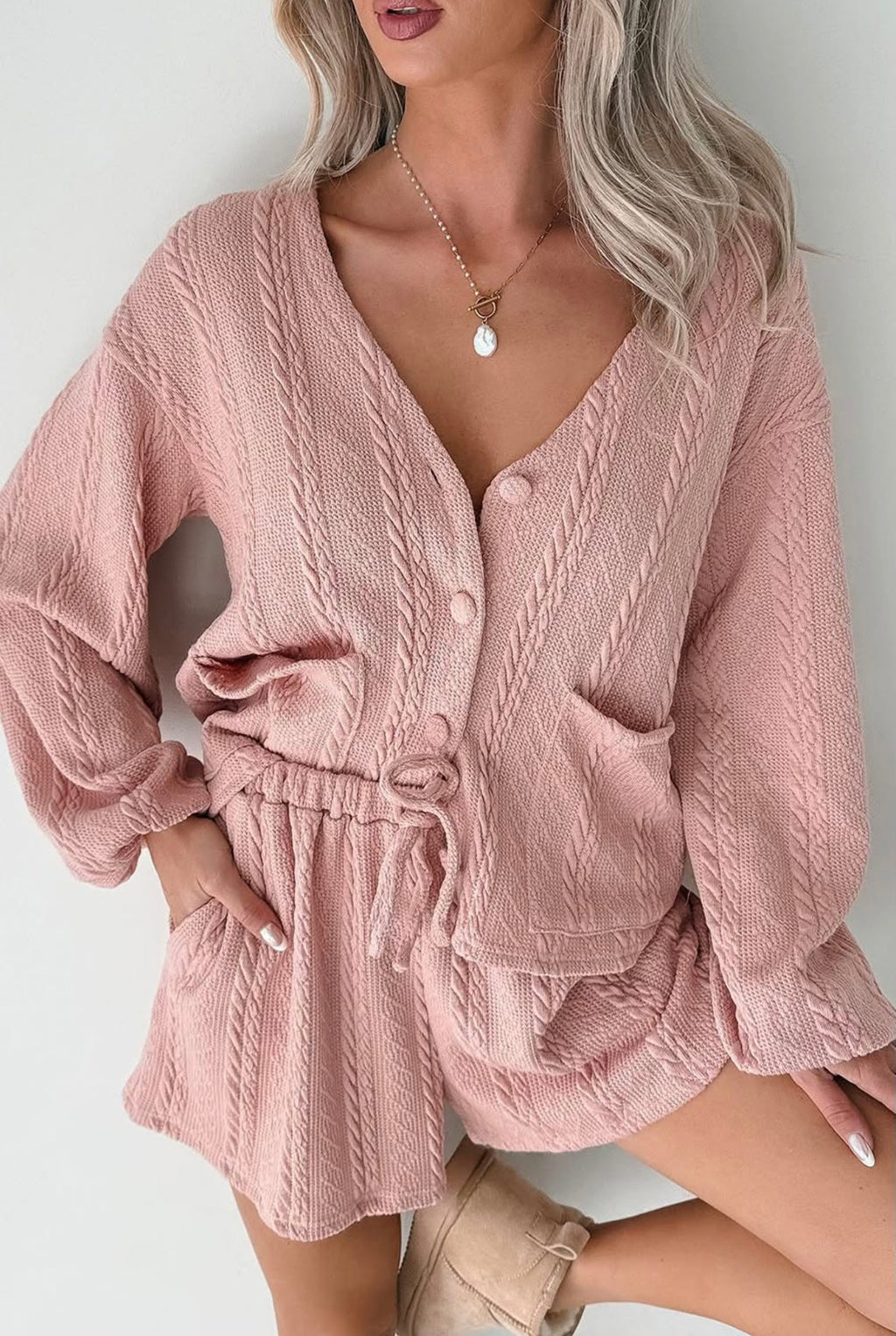 Blush Cable Knit Shorts Set