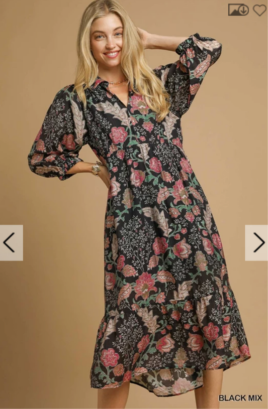 Mix Floral Collared Midi Dress