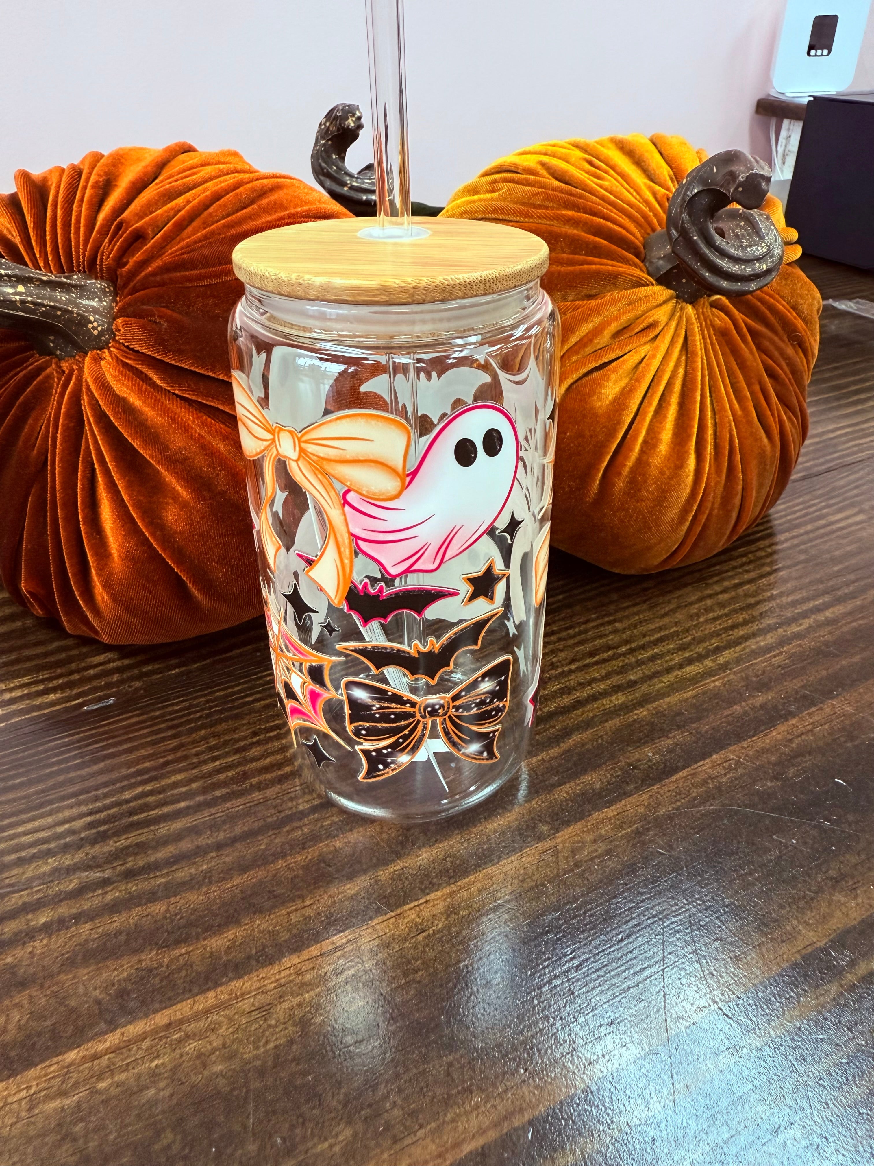 Uvdtf 16oz Glass Cups w/ Glass Straw Fall & Halloween Styles