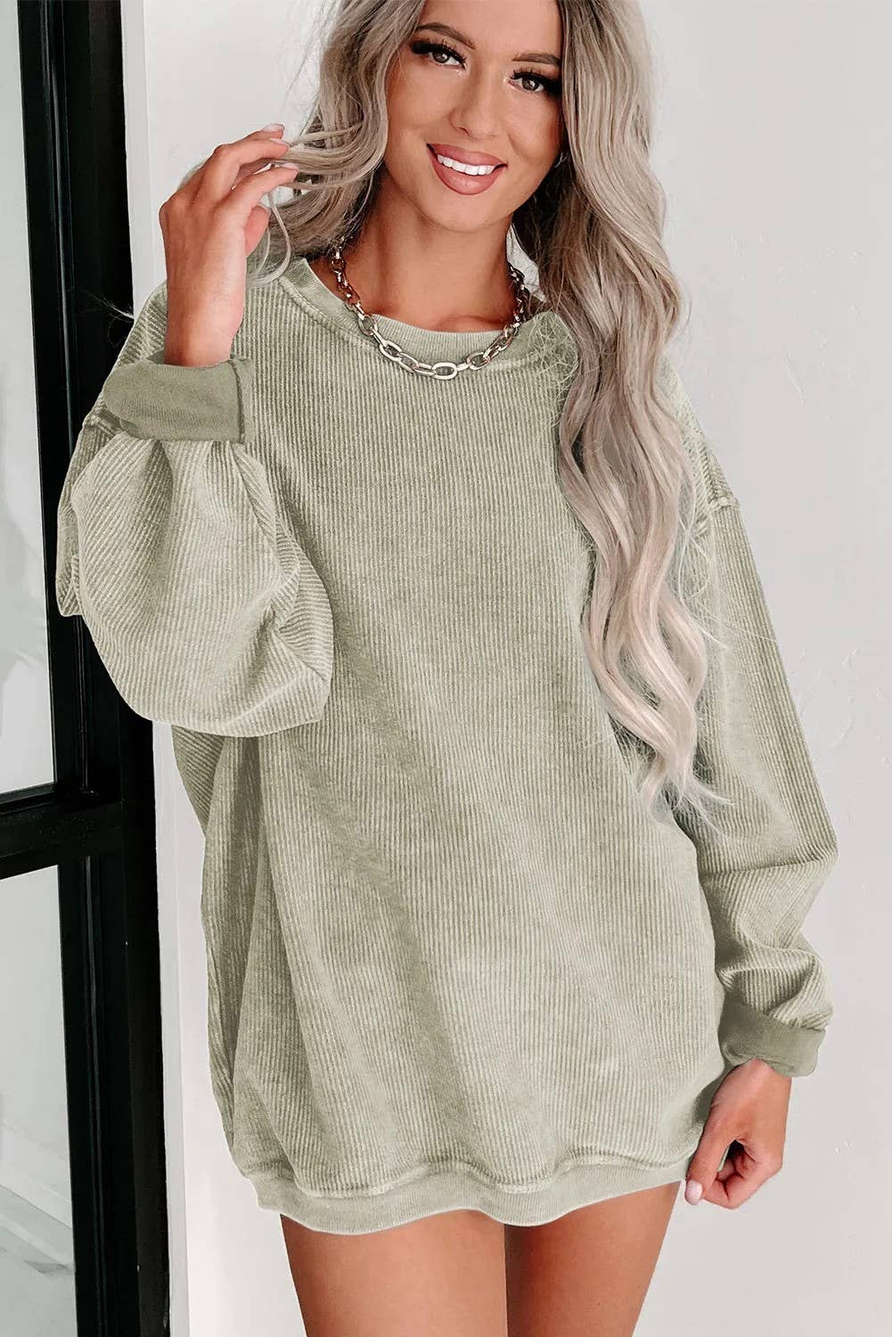 Custom Solid Ribbed Knit Round Neck Pullover Sweatshirt