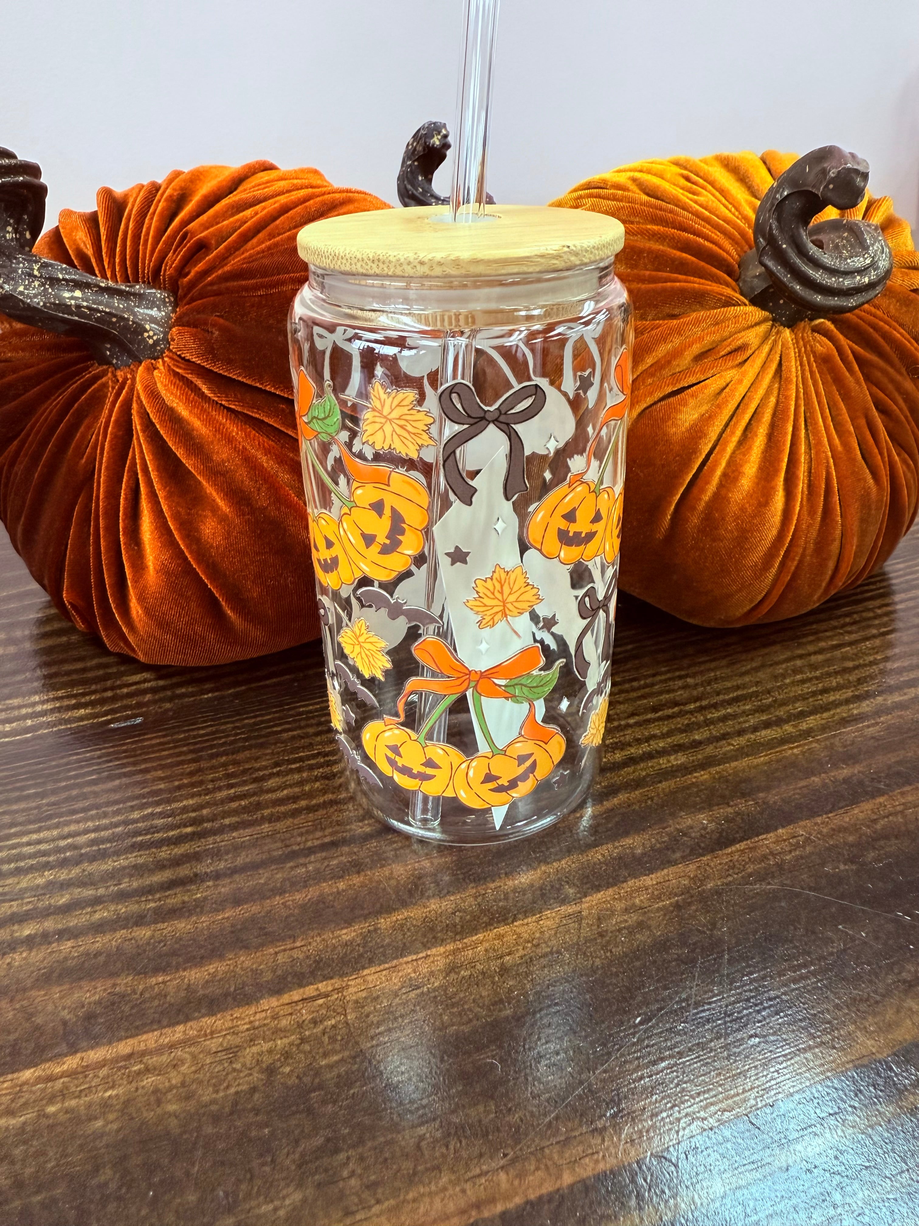Uvdtf 16oz Glass Cups w/ Glass Straw Fall & Halloween Styles