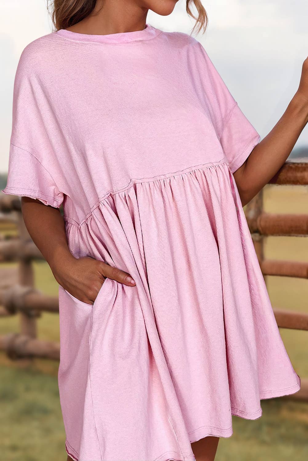 Solid Color Pocketed Raw Edge Babydoll Dress