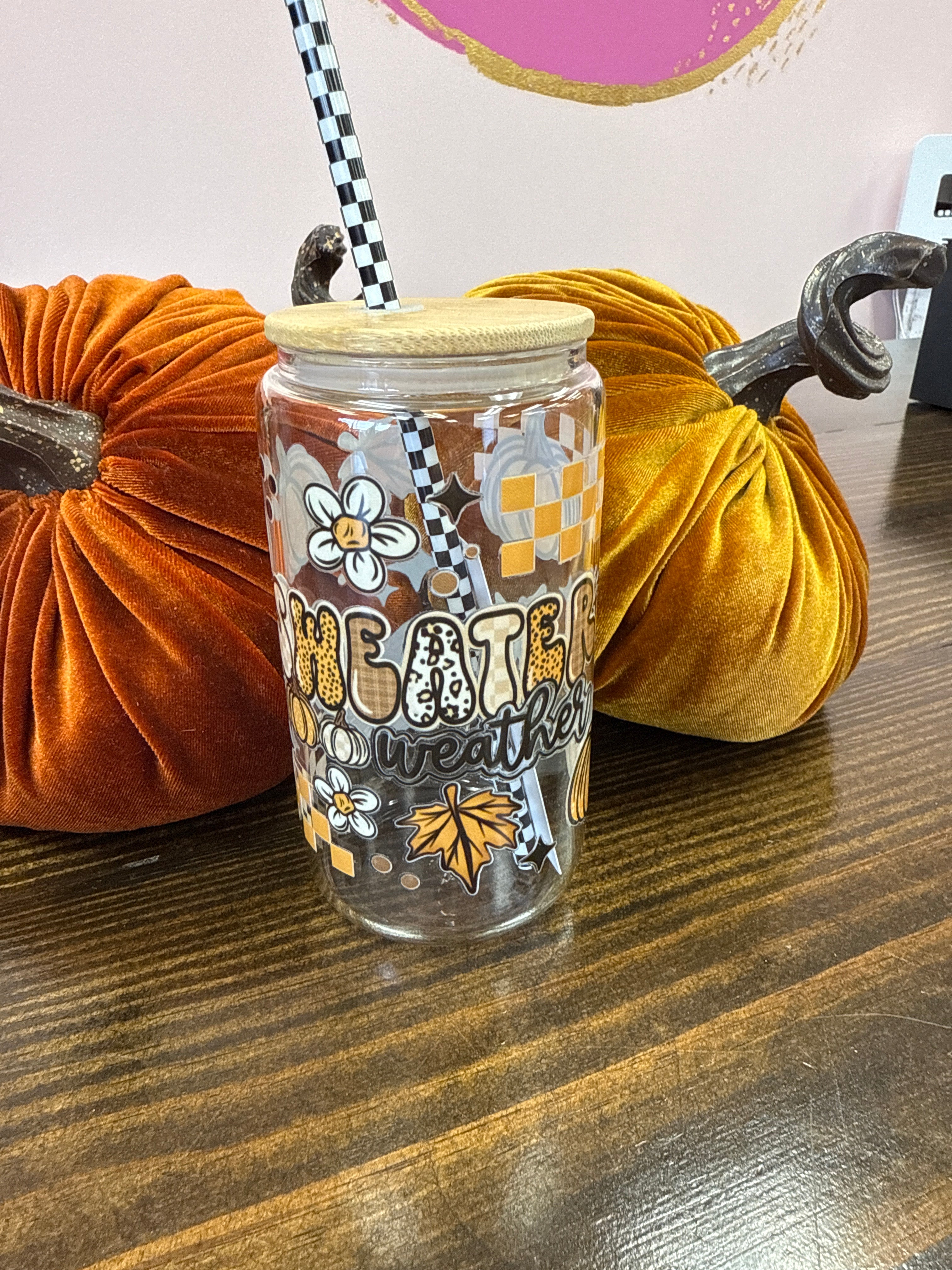 Sweater Weather Uvdtf Glass Cup w/ Glass Straw