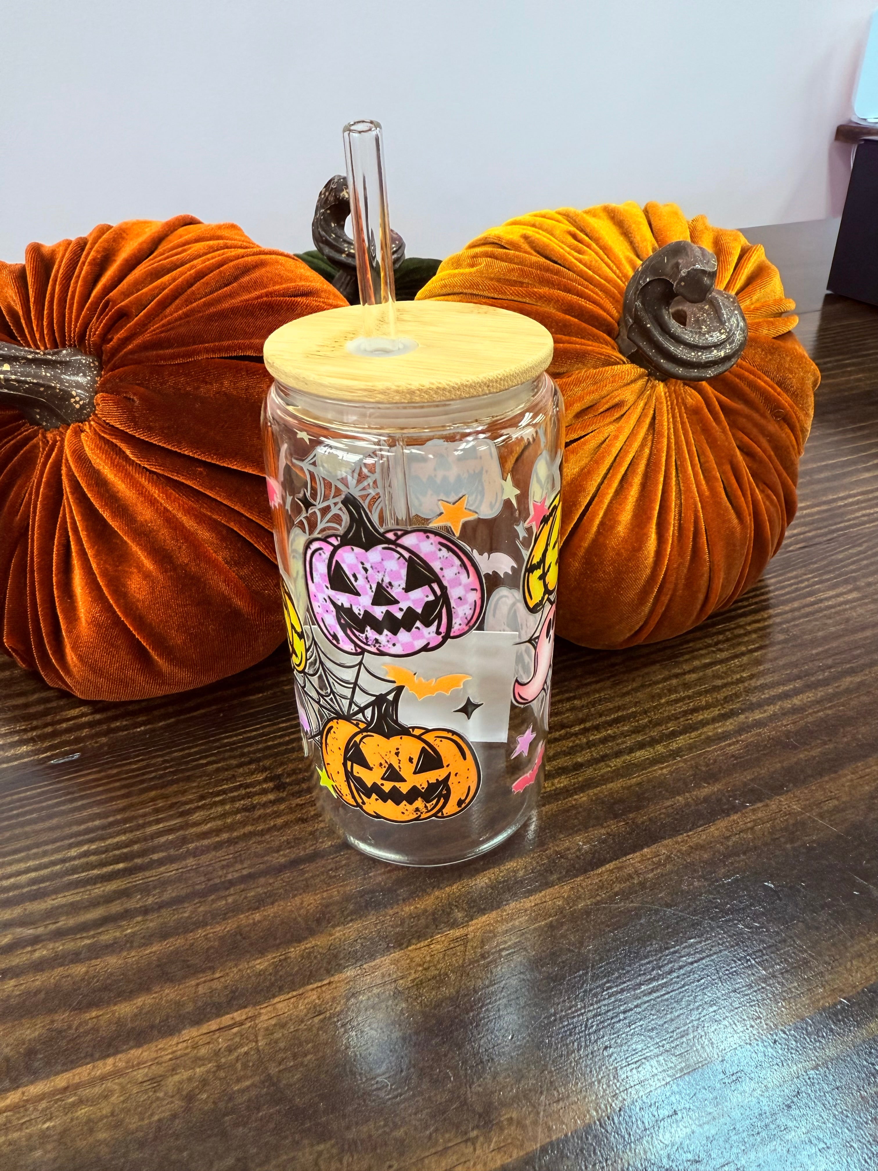 Uvdtf 16oz Glass Cups w/ Glass Straw Fall & Halloween Styles