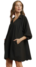 Split V-Neck Dress with Puff Sleeves