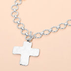 Hammered Matte Metal Cross Pendant Chunky Chain Toggle Necklace