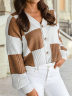 Checkered Ribbed Detail Button V Neck Sweater Cardigan