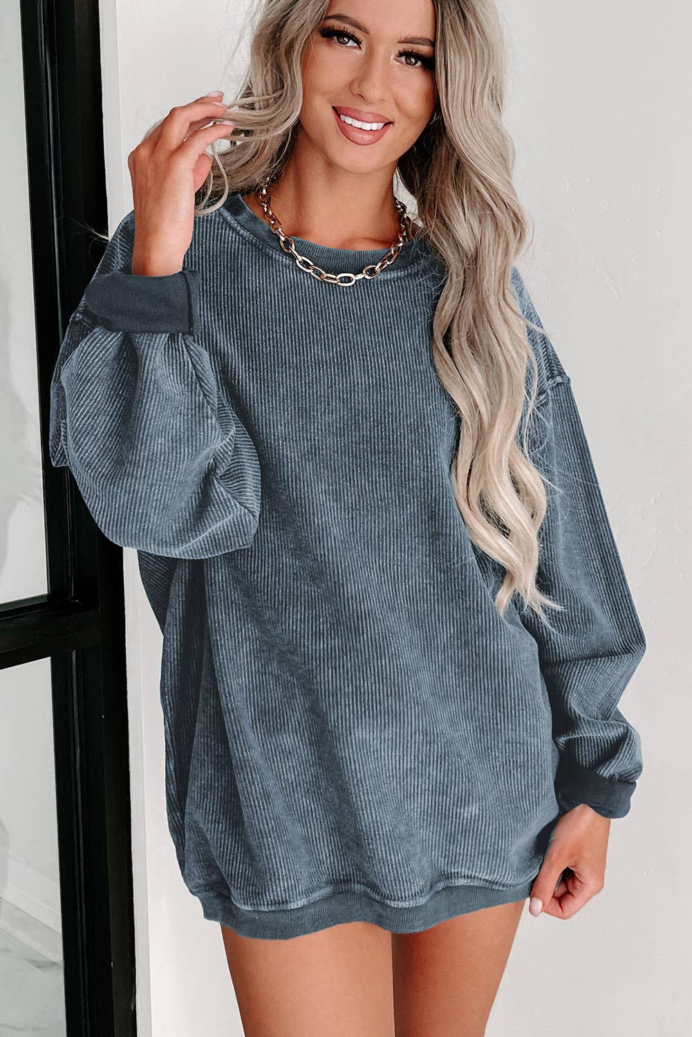 Custom Solid Ribbed Knit Round Neck Pullover Sweatshirt