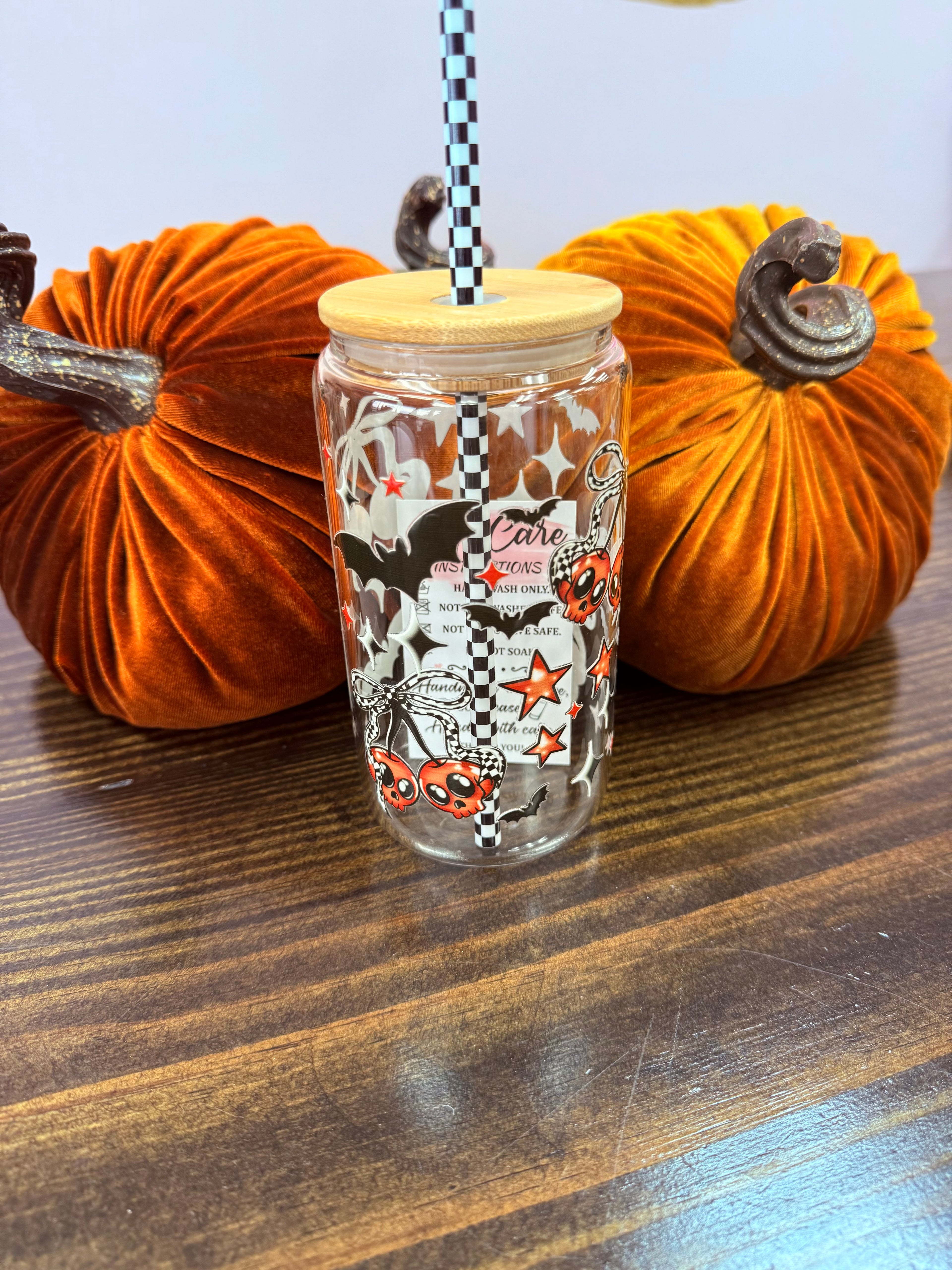 Uvdtf 16oz Glass Cups w/ Glass Straw Fall & Halloween Styles