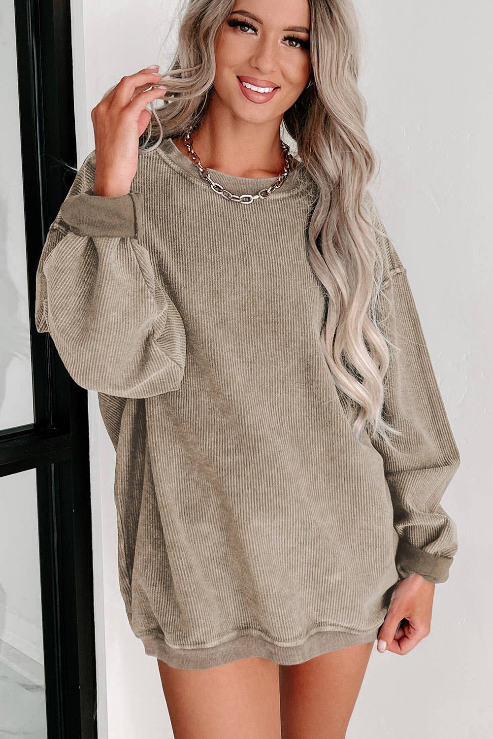 Custom Solid Ribbed Knit Round Neck Pullover Sweatshirt