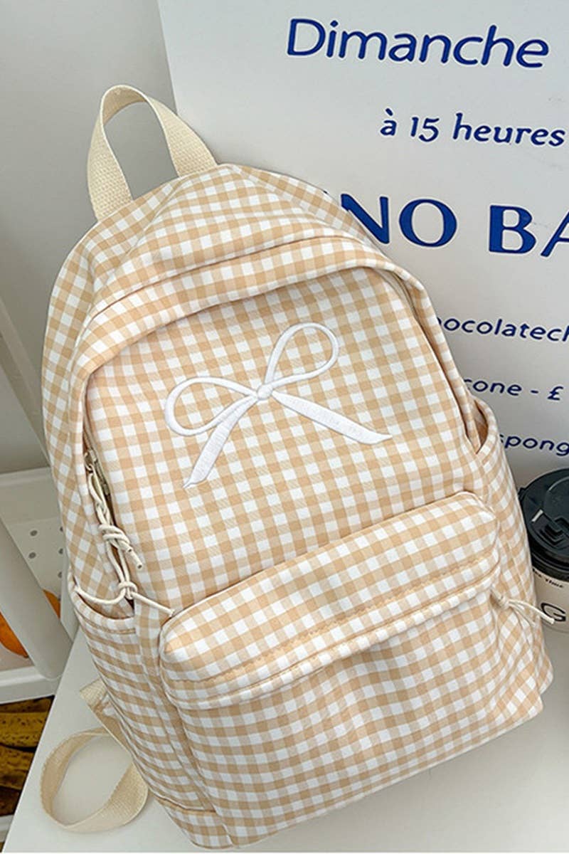 Coquette Bow Embroidered Checkered Backpack