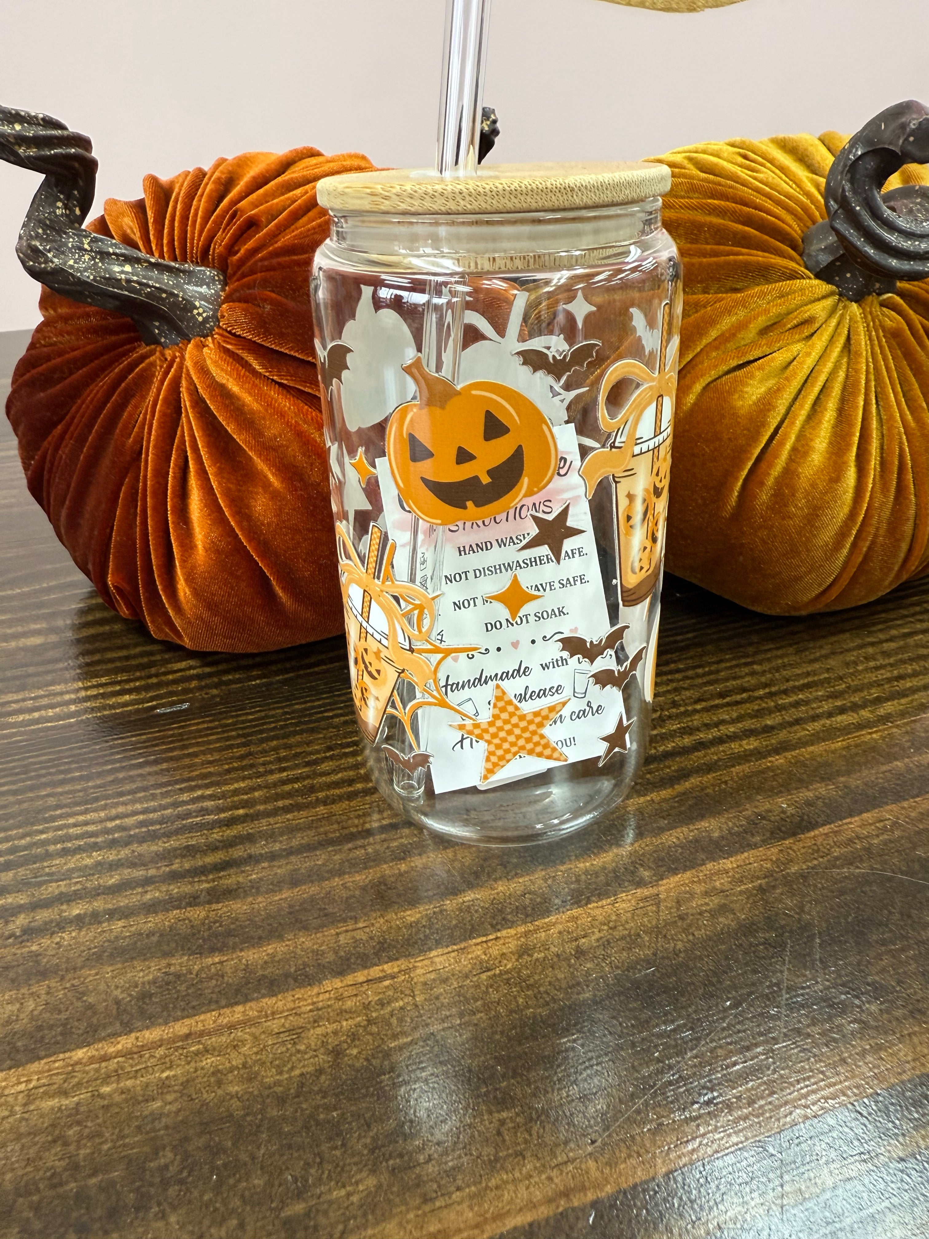 Uvdtf 16oz Glass Cups w/ Glass Straw Fall & Halloween Styles