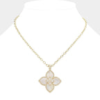 14K Gold Plated CZ Mother Of Pearl Clover Pendant Necklace