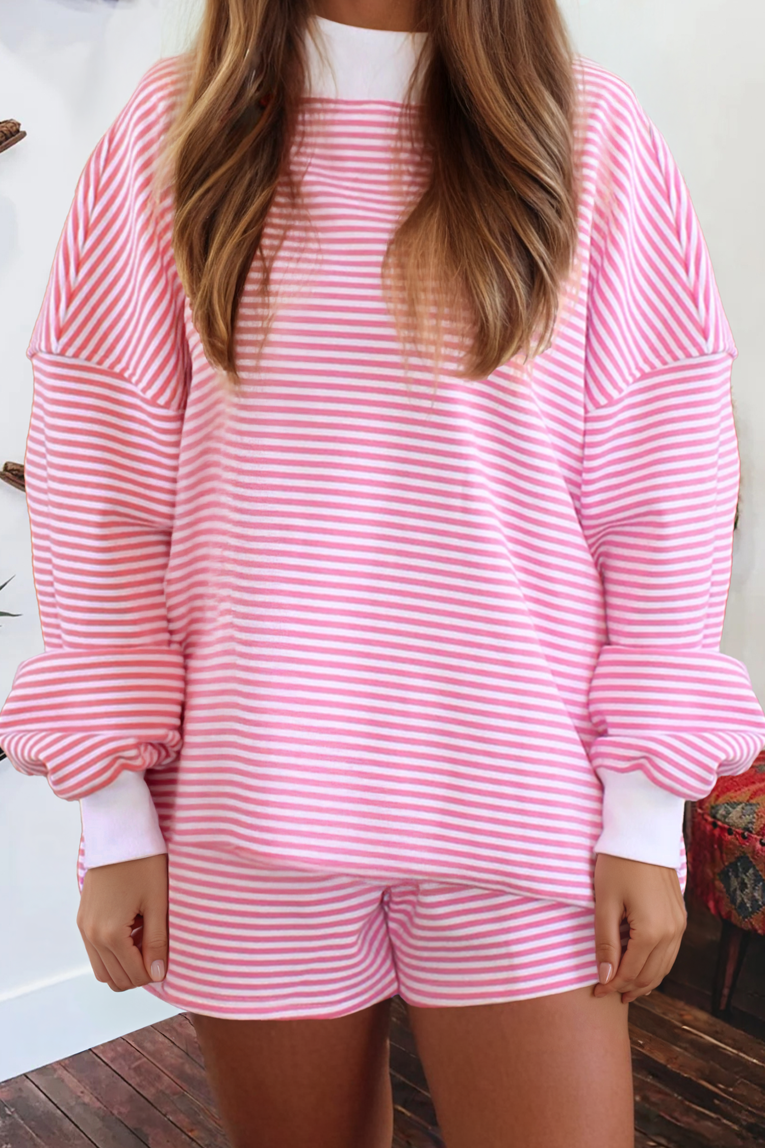 Stripe Oversize Mock Neck Sweatshirt and Shorts Set