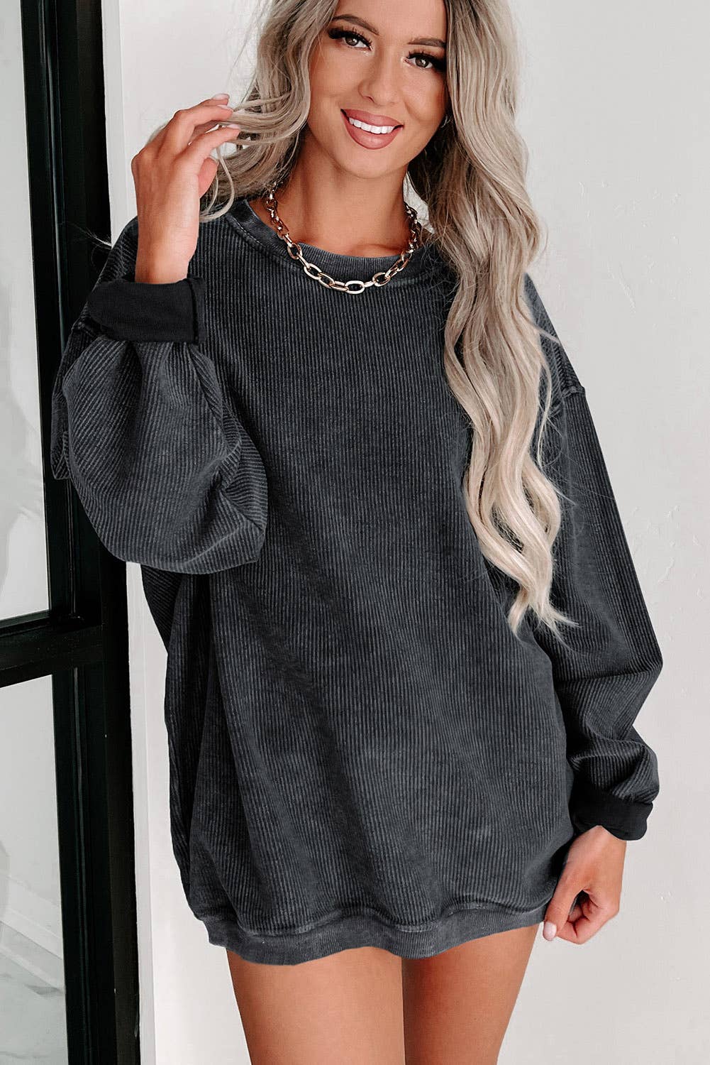 Custom Solid Ribbed Knit Round Neck Pullover Sweatshirt