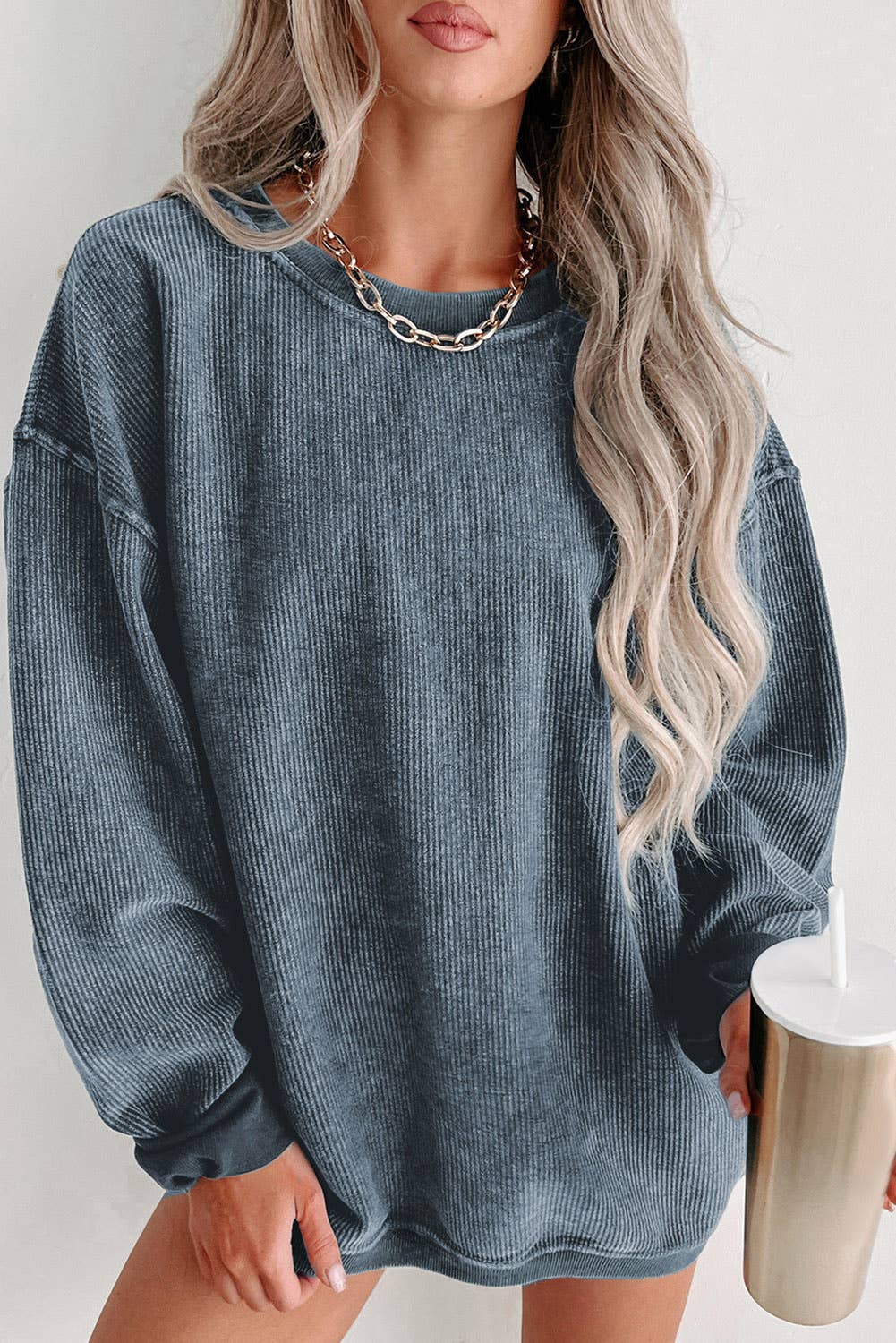 Custom Solid Ribbed Knit Round Neck Pullover Sweatshirt