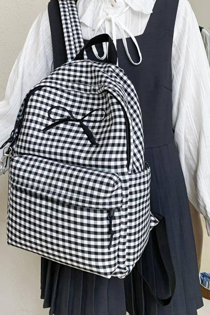 Coquette Bow Embroidered Checkered Backpack