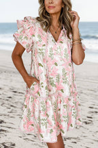 Floral Contrast Edge Tied Neck Mini Dress