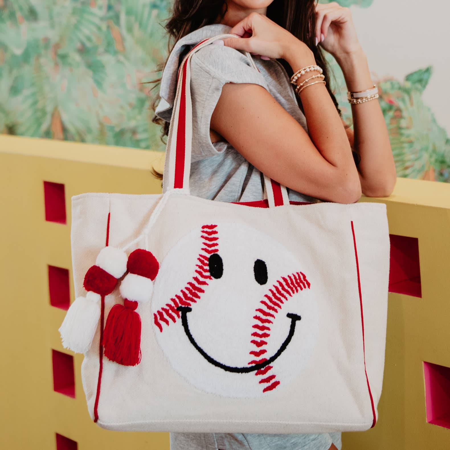 Baseball Oversized Happy Face Tote Bag for Women