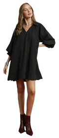 Split V-Neck Dress with Puff Sleeves