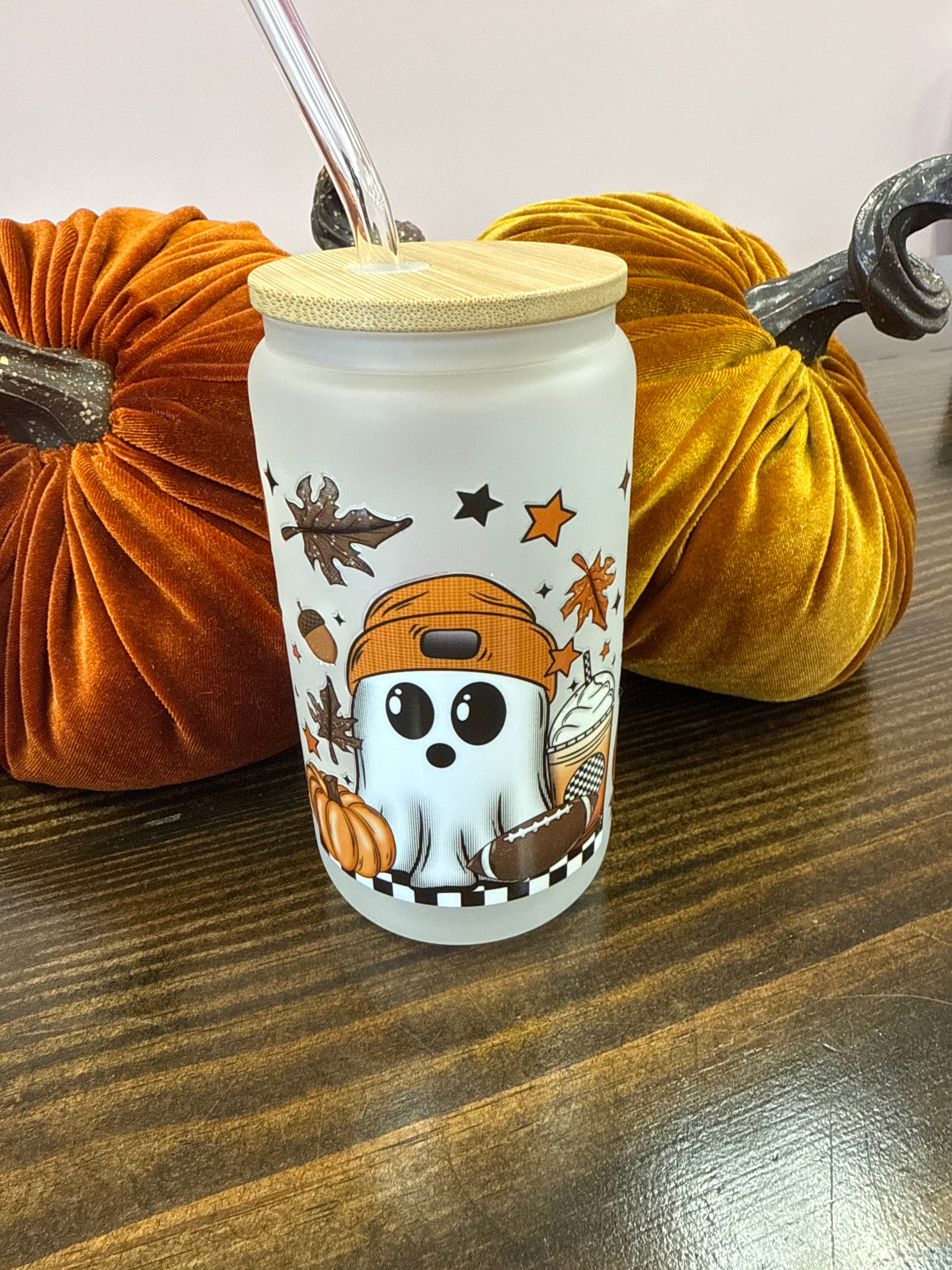 Football Ghostie Uvdtf Glass Cup w/ Glass Straw