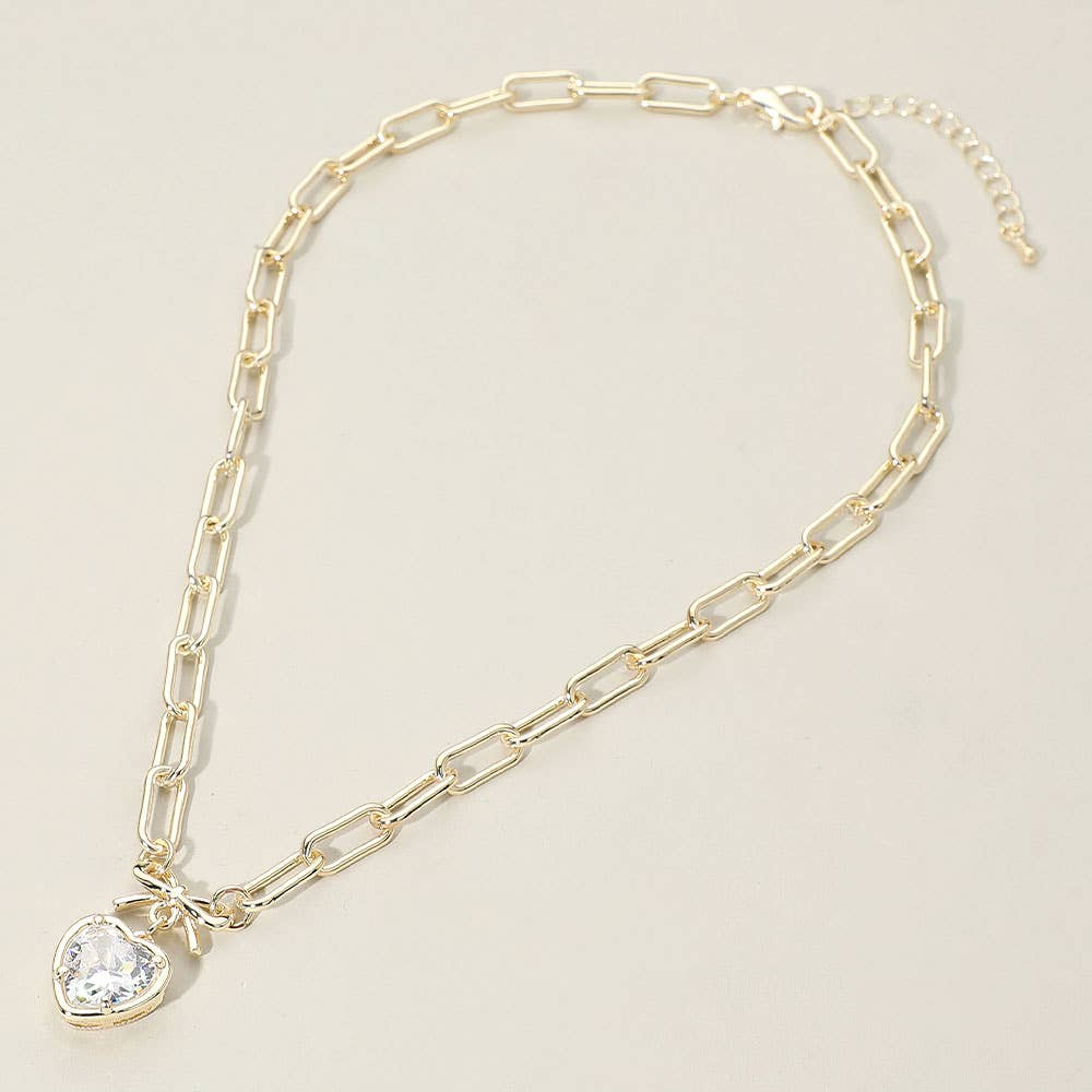 14K Gold Plated Bow Top Heart CZ Stone Bezel Pendant Necklace