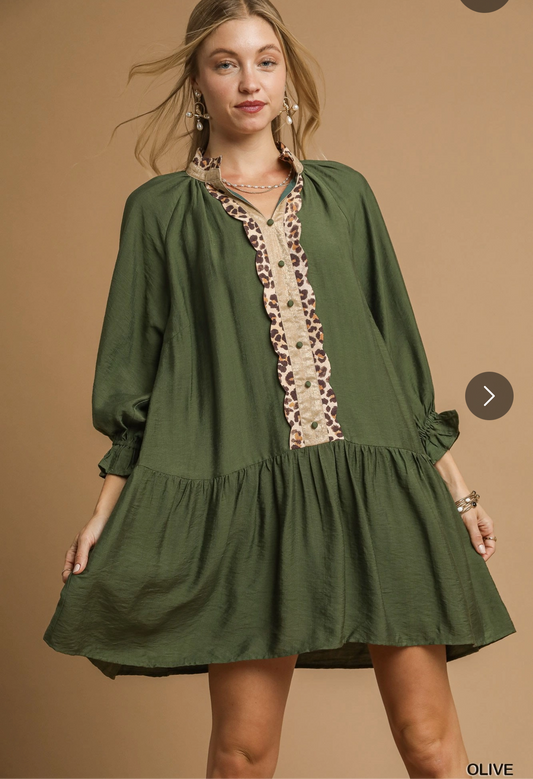 Tiered Tunic Dress with Leopard Trim Detail
