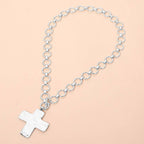 Hammered Matte Metal Cross Pendant Chunky Chain Toggle Necklace