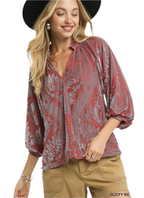 Damask Print Velvet Split Neck Top