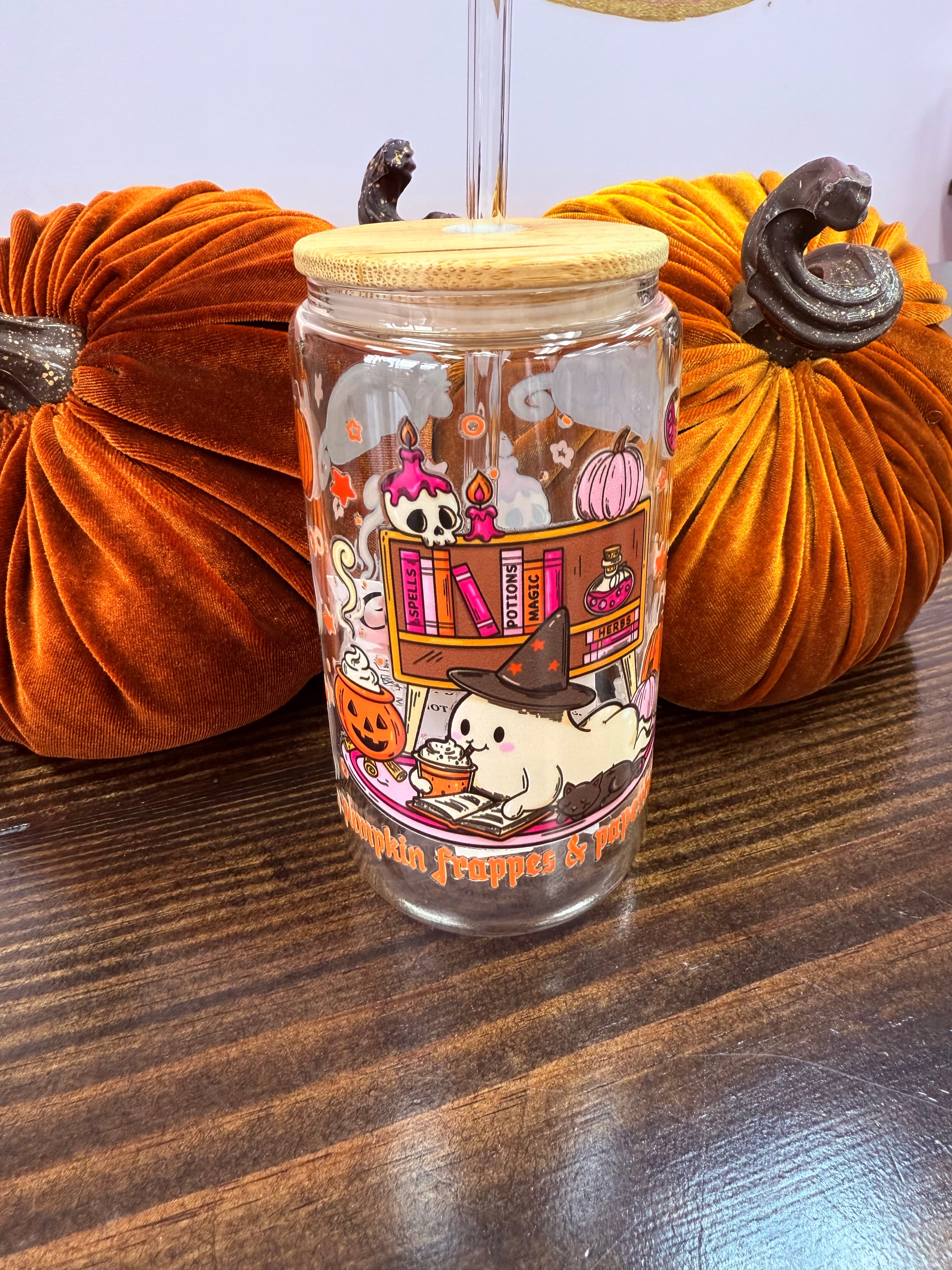 Uvdtf 16oz Glass Cups w/ Glass Straw Fall & Halloween Styles
