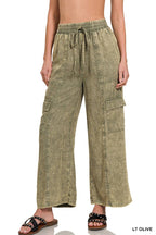 Acid Wash Drawstring Elastic Band Waist Pants