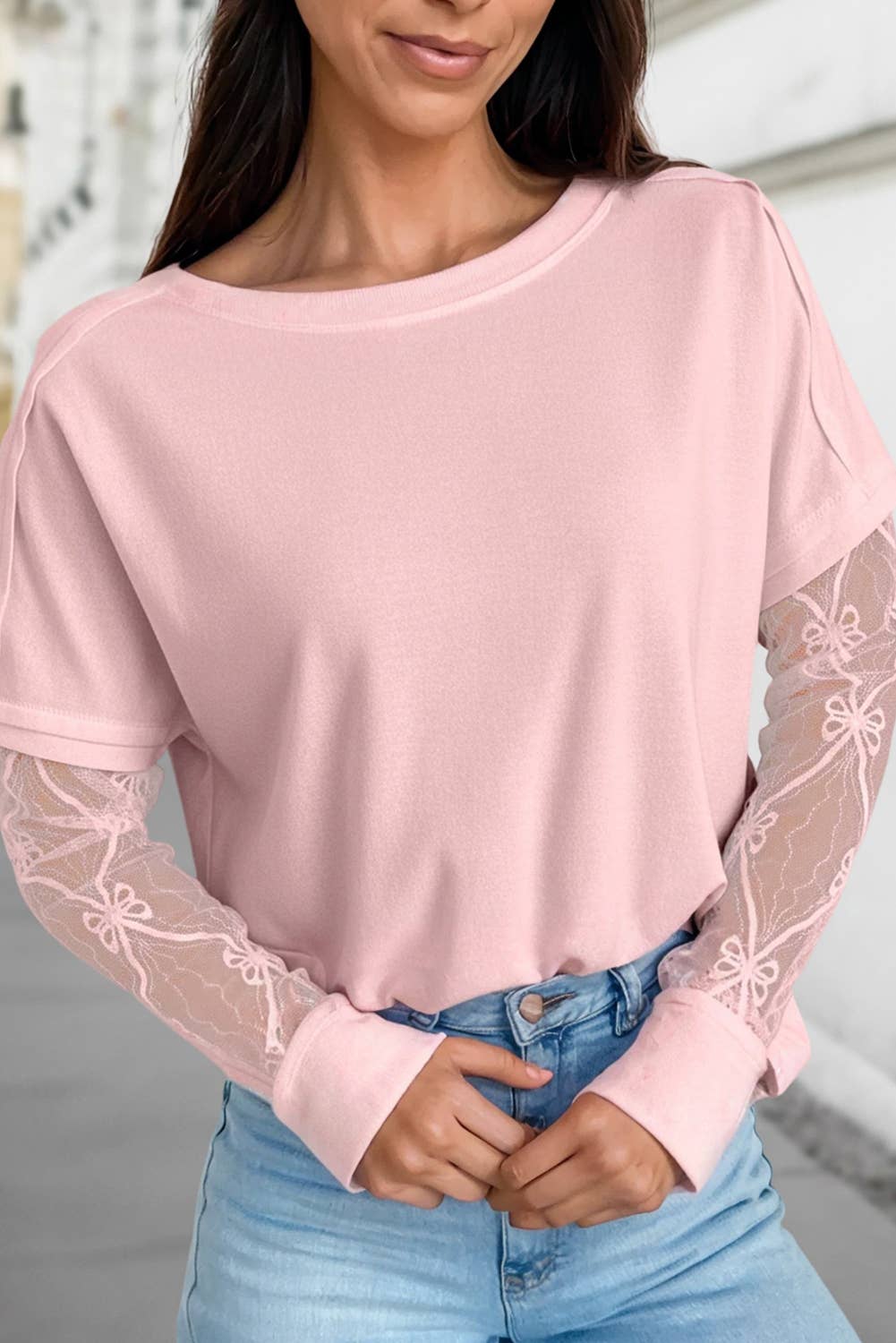 Solid Texture Patchwork Lace Long Sleeve Top