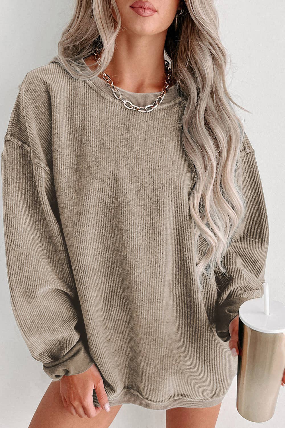 Custom Solid Ribbed Knit Round Neck Pullover Sweatshirt