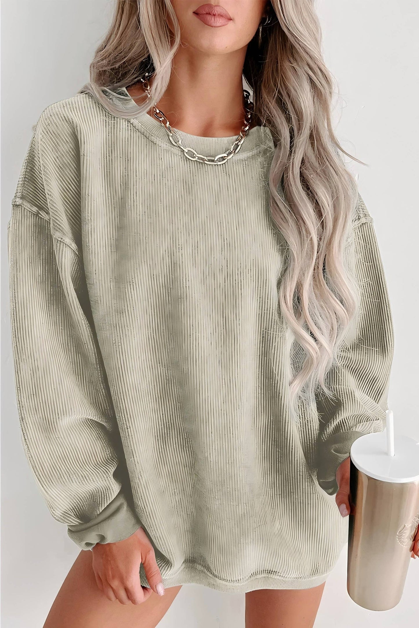 Custom Solid Ribbed Knit Round Neck Pullover Sweatshirt