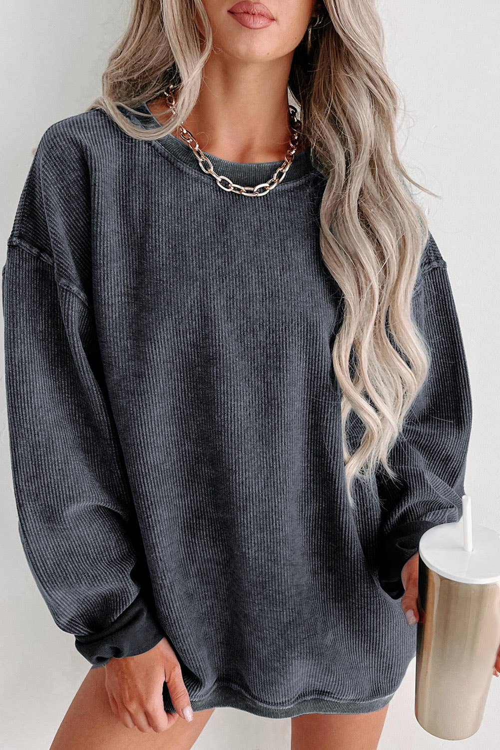 Custom Solid Ribbed Knit Round Neck Pullover Sweatshirt